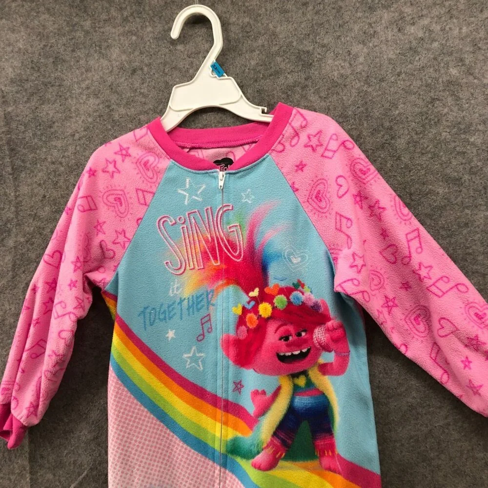 Trolls Girls 5T Fleece Pajamas Jumpsuit Pink Long Sleeve One Piece‎ Zip